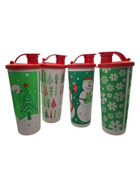 Tupperware 2013 4pc Holiday 16oz Tumbler Set with Flip Tops Reds Greens by Tuppe